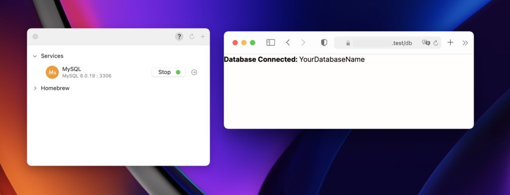 Debugging in Laravel and confirm that Laravel is connected to a database.