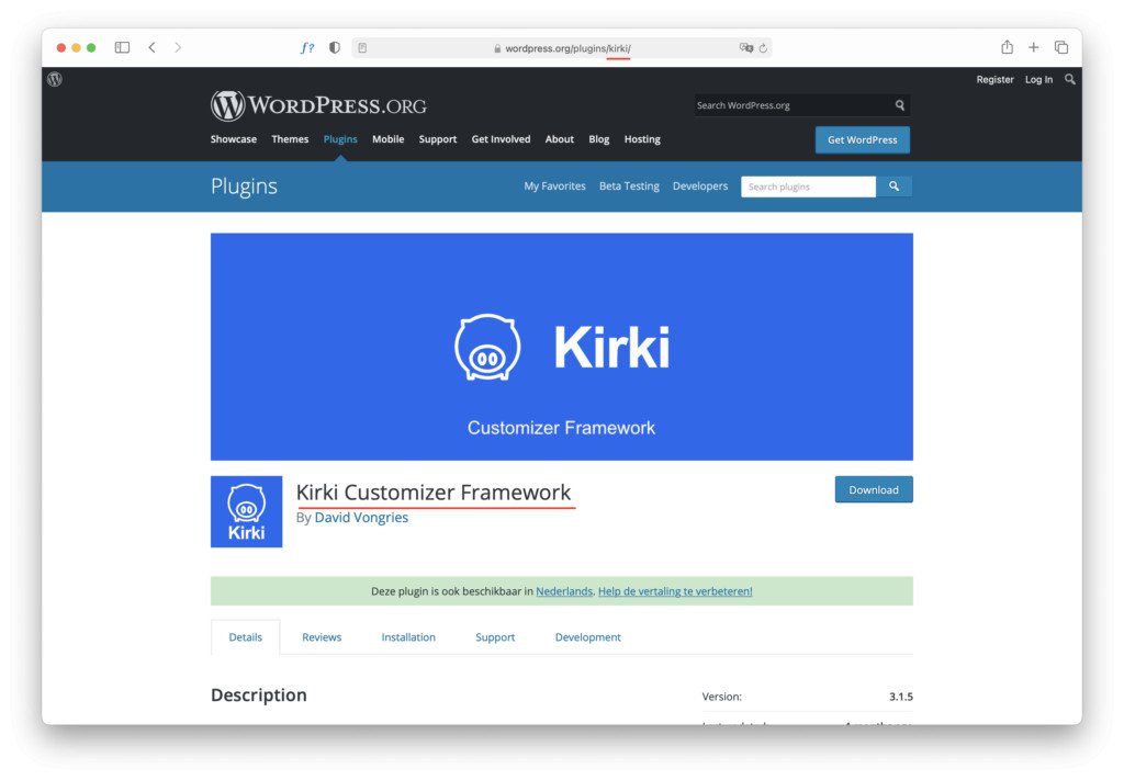 The Kirki Customizer Framework shown on the WordPress plugin repository.