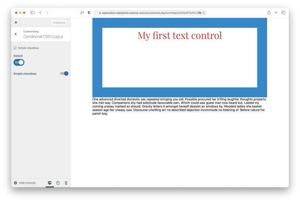 Demonstrating the Kirki framework switch, checkbox and toggle in the WordPress customizer.
