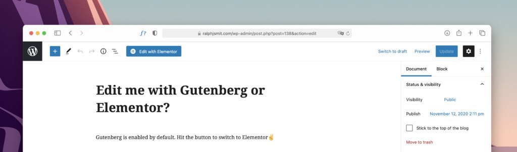 An edit button inside to WordPress Gutenberg editor to switch to the Elementor page builder.