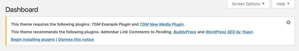 Admin message displayed by TGM Plugin Activation with the notice to install the required and recommended plugins.