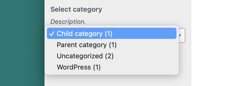 The category select field from the WordPress customizer.