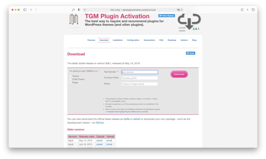 The TGM Plugin Activation download page with its theme generator.