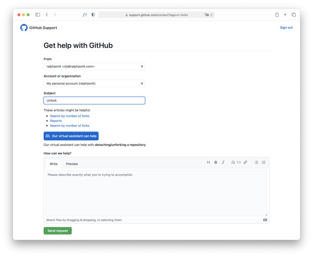 Using the GitHub visual assistant to unfork a repository.