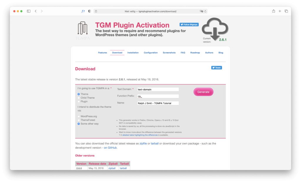 TGMPA download page with the settings for this tutorial on integrating TGM Plugin Activation with your theme.