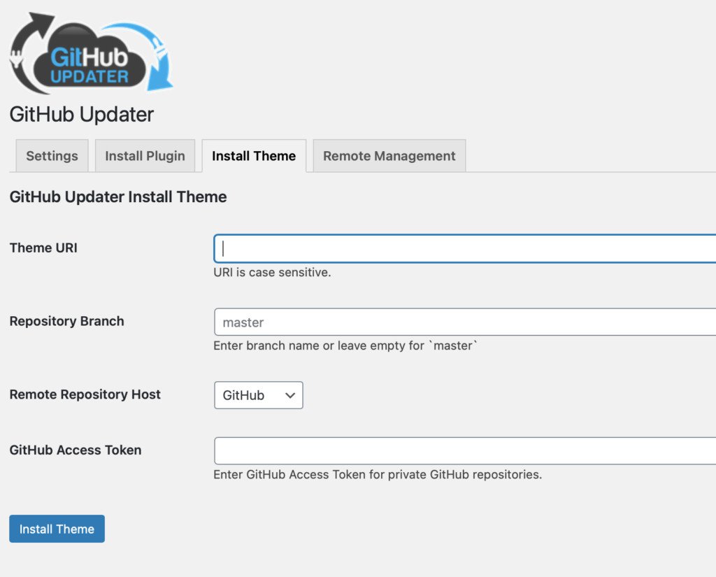 Installing a new theme with the GitHub Update plugin.