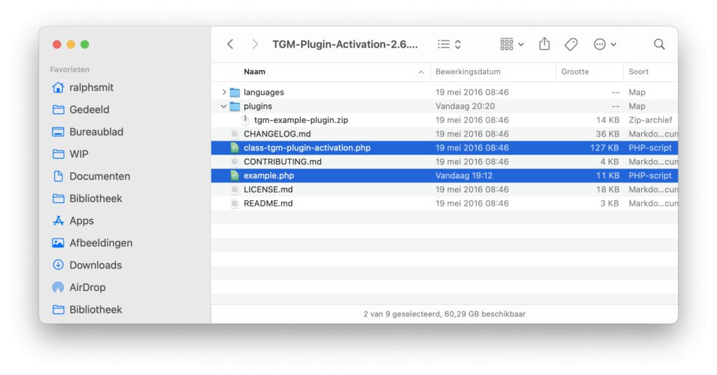 The two important files in the TGMPA framework, needed when integrating it with a WordPress theme.